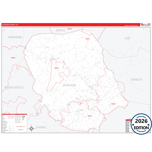 Jackson County, KY Red Line 5 Digit ZIP Code Wall Map
