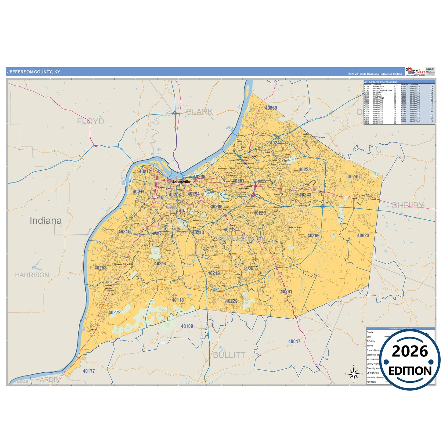Jefferson County, KY Business Reference 5 Digit ZIP Code Wall Map