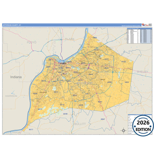 Jefferson County, KY Business Reference 5 Digit ZIP Code Wall Map