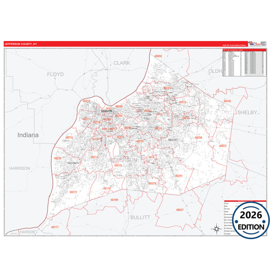 Jefferson County, KY Red Line 5 Digit ZIP Code Wall Map