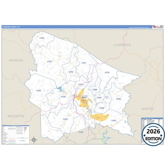 Johnson County, KY Business Reference 5 Digit ZIP Code Wall Map