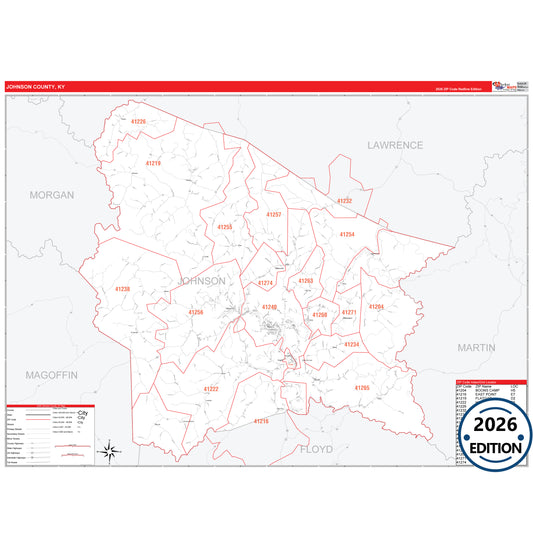 Johnson County, KY Red Line 5 Digit ZIP Code Wall Map