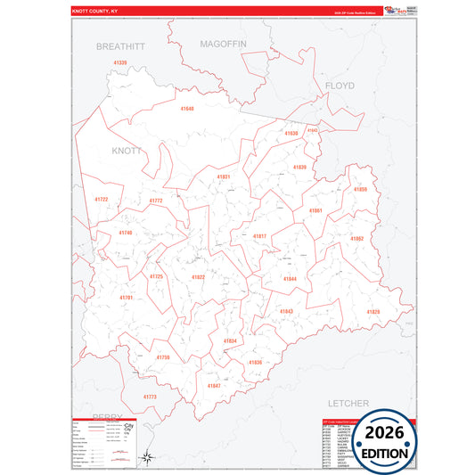 Knott County, KY Red Line 5 Digit ZIP Code Wall Map
