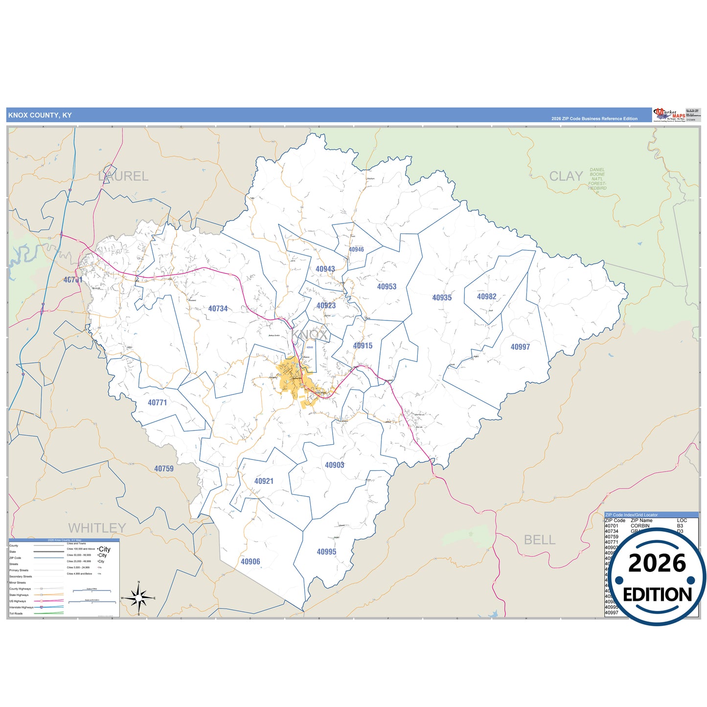 Knox County, KY Business Reference 5 Digit ZIP Code Wall Map