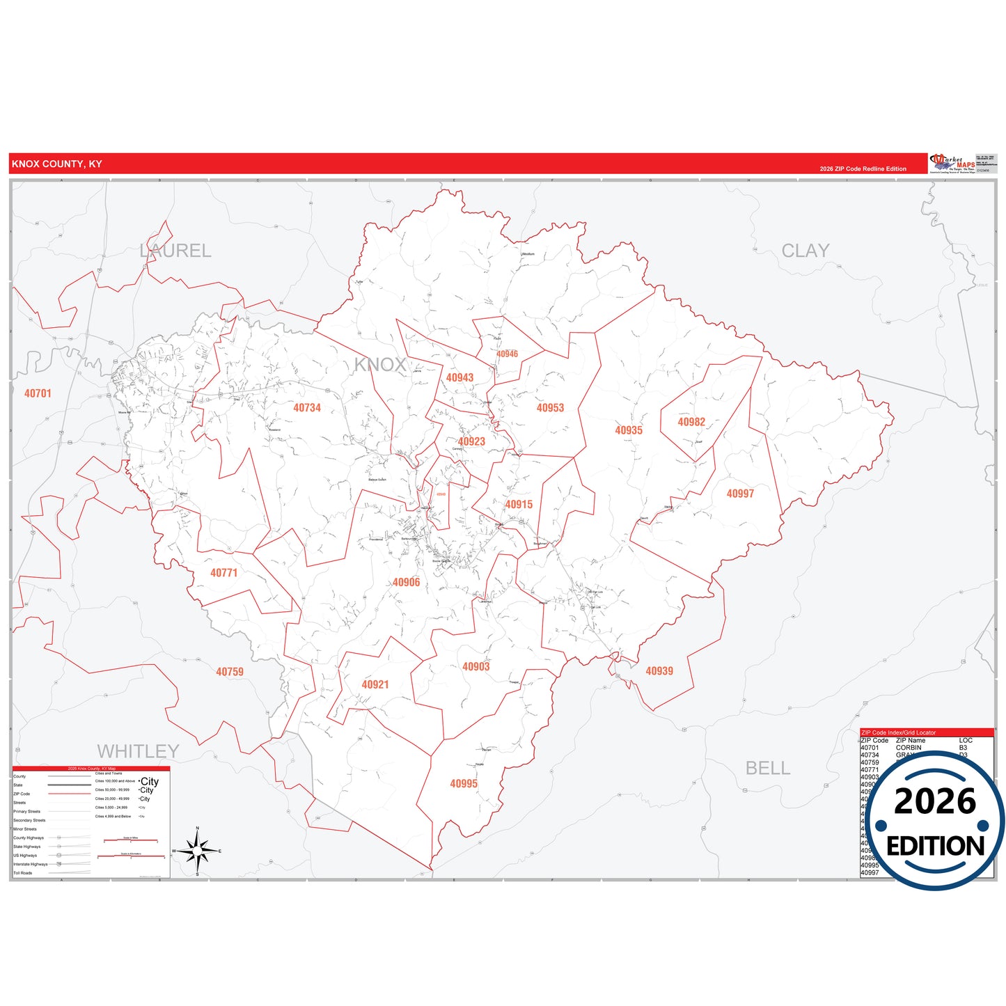 Knox County, KY Red Line 5 Digit ZIP Code Wall Map