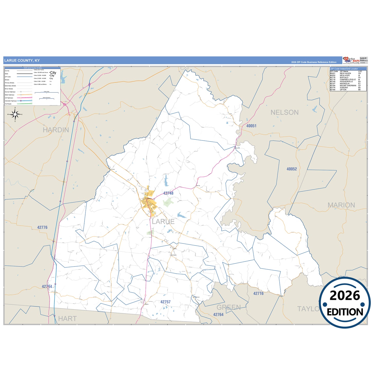 Larue County, KY Business Reference 5 Digit ZIP Code Wall Map