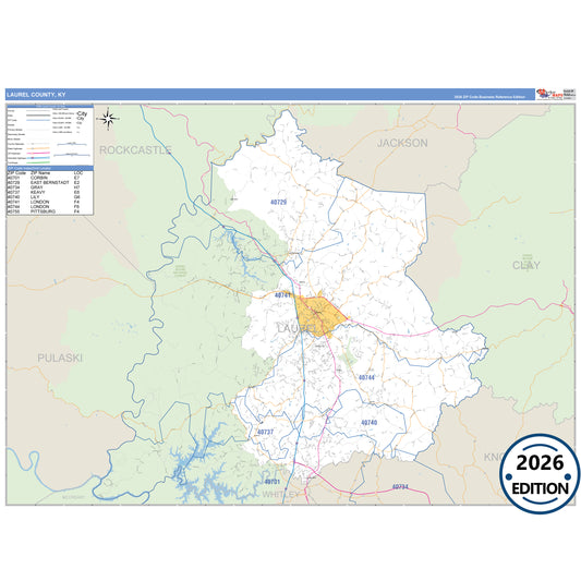 Laurel County, KY Business Reference 5 Digit ZIP Code Wall Map