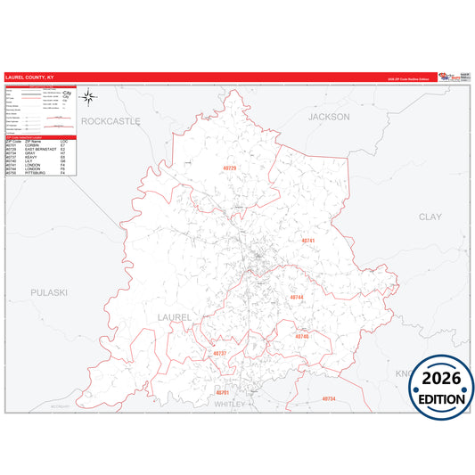 Laurel County, KY Red Line 5 Digit ZIP Code Wall Map
