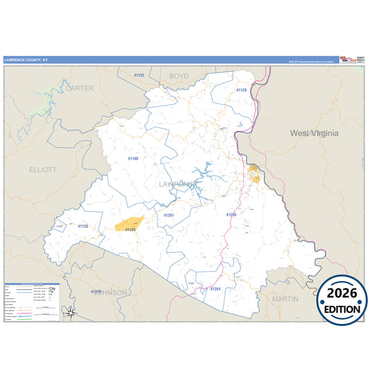 Lawrence County, KY Business Reference 5 Digit ZIP Code Wall Map