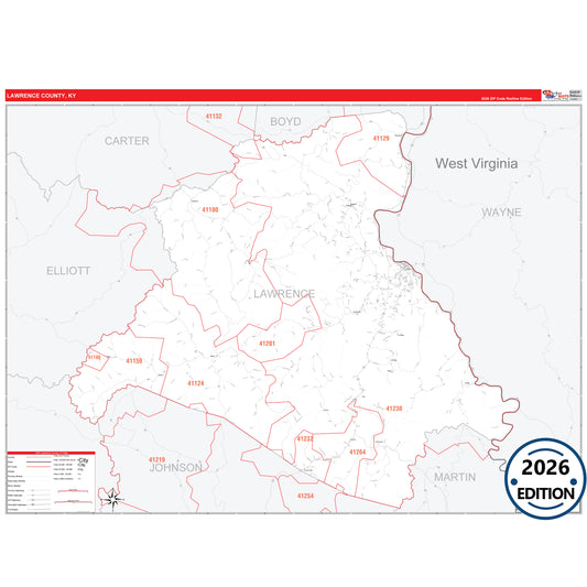 Lawrence County, KY Red Line 5 Digit ZIP Code Wall Map