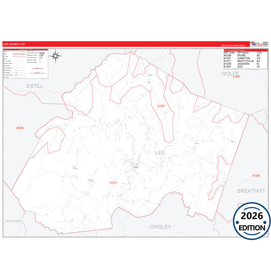 Lee County, KY Red Line 5 Digit ZIP Code Wall Map