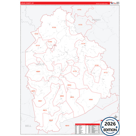 Leslie County, KY Red Line 5 Digit ZIP Code Wall Map