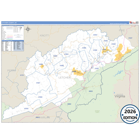 Letcher County, KY Business Reference 5 Digit ZIP Code Wall Map
