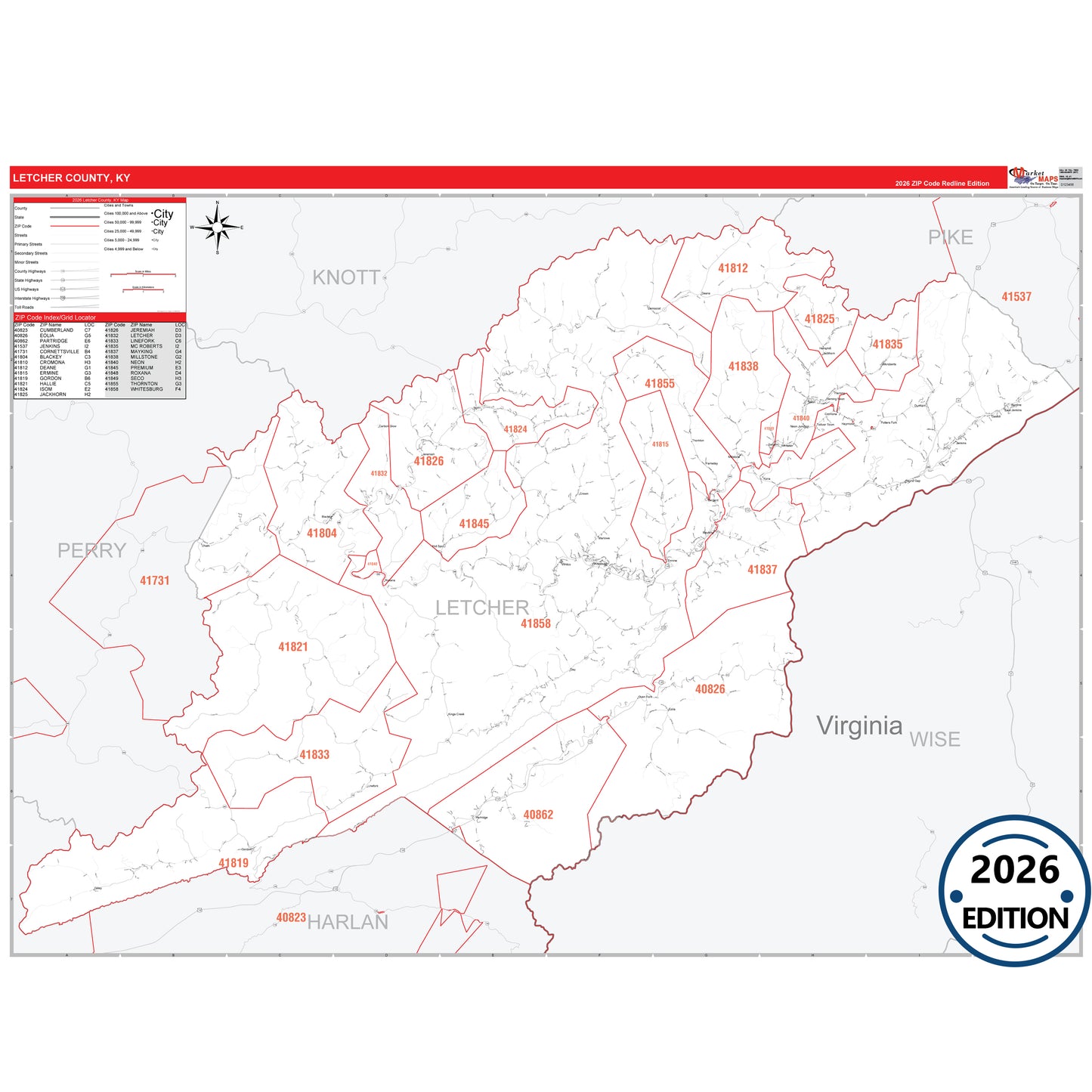 Letcher County, KY Red Line 5 Digit ZIP Code Wall Map
