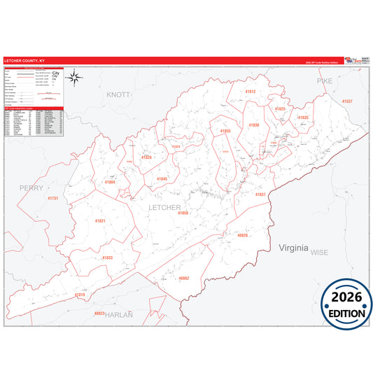 Letcher County, KY Red Line 5 Digit ZIP Code Wall Map