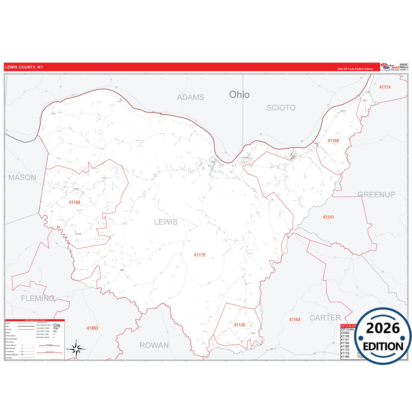 Lewis County, KY Red Line 5 Digit ZIP Code Wall Map
