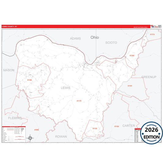 Lewis County, KY Red Line 5 Digit ZIP Code Wall Map