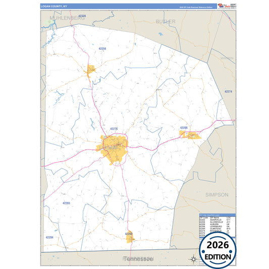 Logan County, KY Business Reference 5 Digit ZIP Code Wall Map