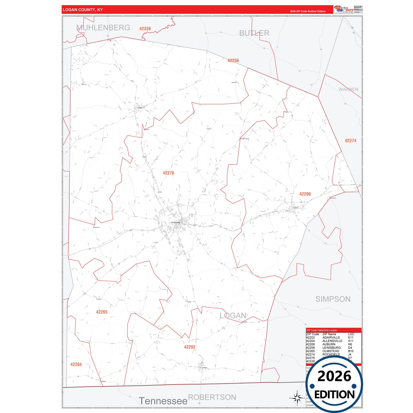 Logan County, KY Red Line 5 Digit ZIP Code Wall Map