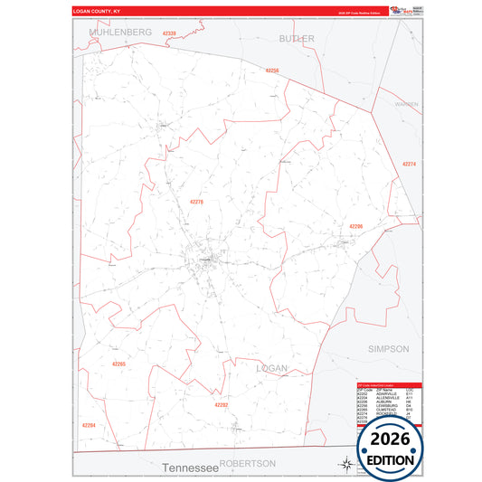 Logan County, KY Red Line 5 Digit ZIP Code Wall Map