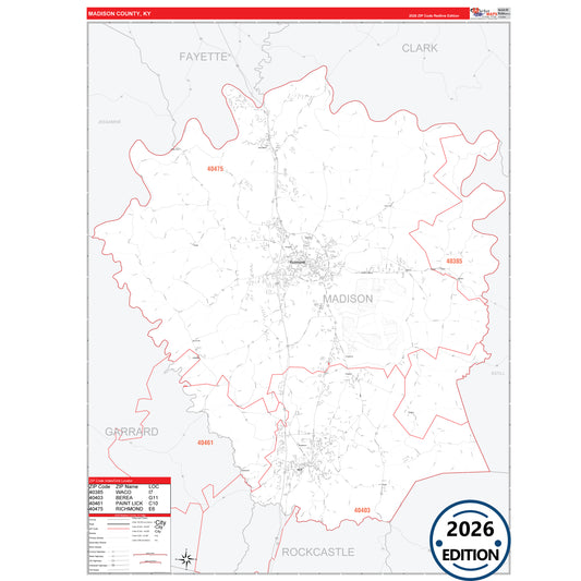Madison County, KY Red Line 5 Digit ZIP Code Wall Map