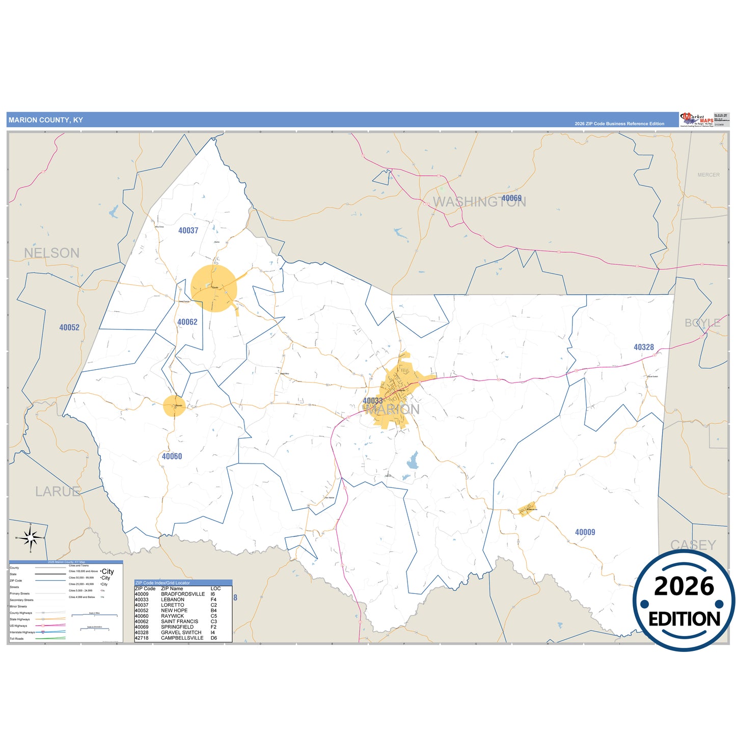 Marion County, KY Business Reference 5 Digit ZIP Code Wall Map