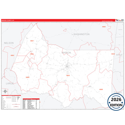 Marion County, KY Red Line 5 Digit ZIP Code Wall Map
