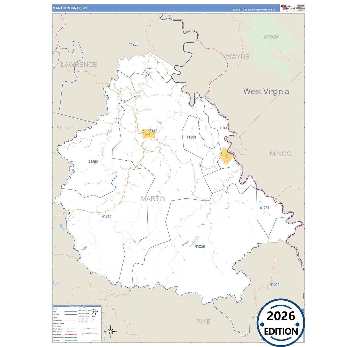Martin County, KY Business Reference 5 Digit ZIP Code Wall Map