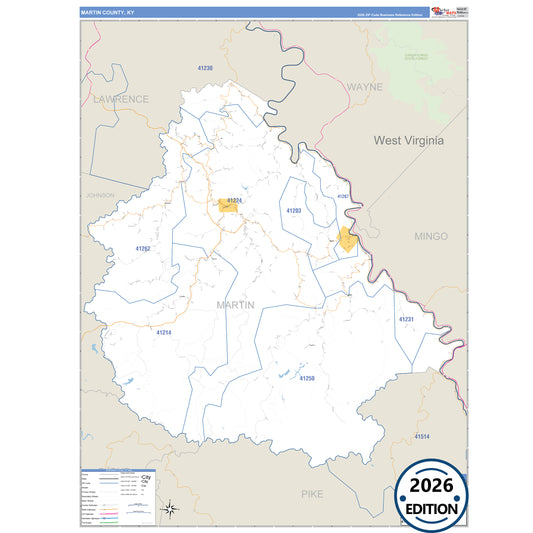 Martin County, KY Business Reference 5 Digit ZIP Code Wall Map
