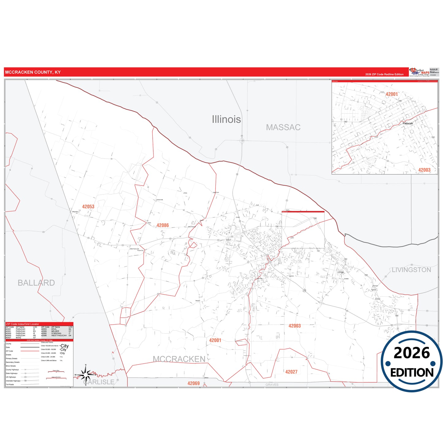 McCracken County, KY Red Line 5 Digit ZIP Code Wall Map
