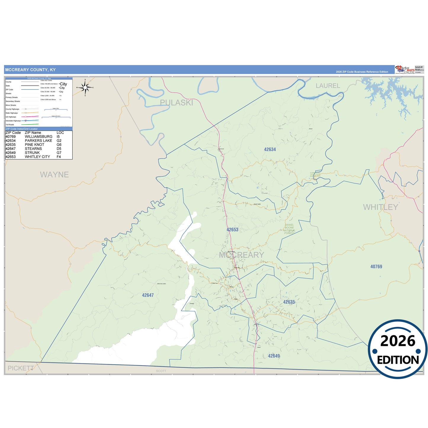 McCreary County, KY Business Reference 5 Digit ZIP Code Wall Map