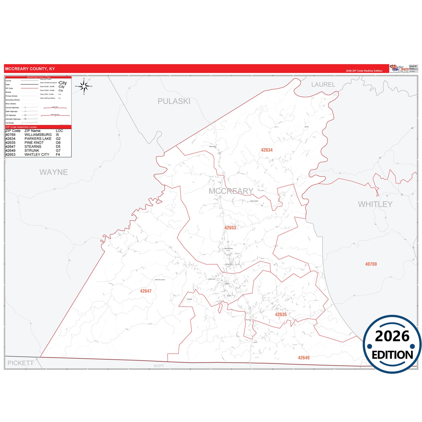 McCreary County, KY Red Line 5 Digit ZIP Code Wall Map