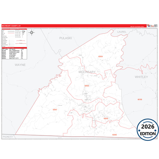McCreary County, KY Red Line 5 Digit ZIP Code Wall Map