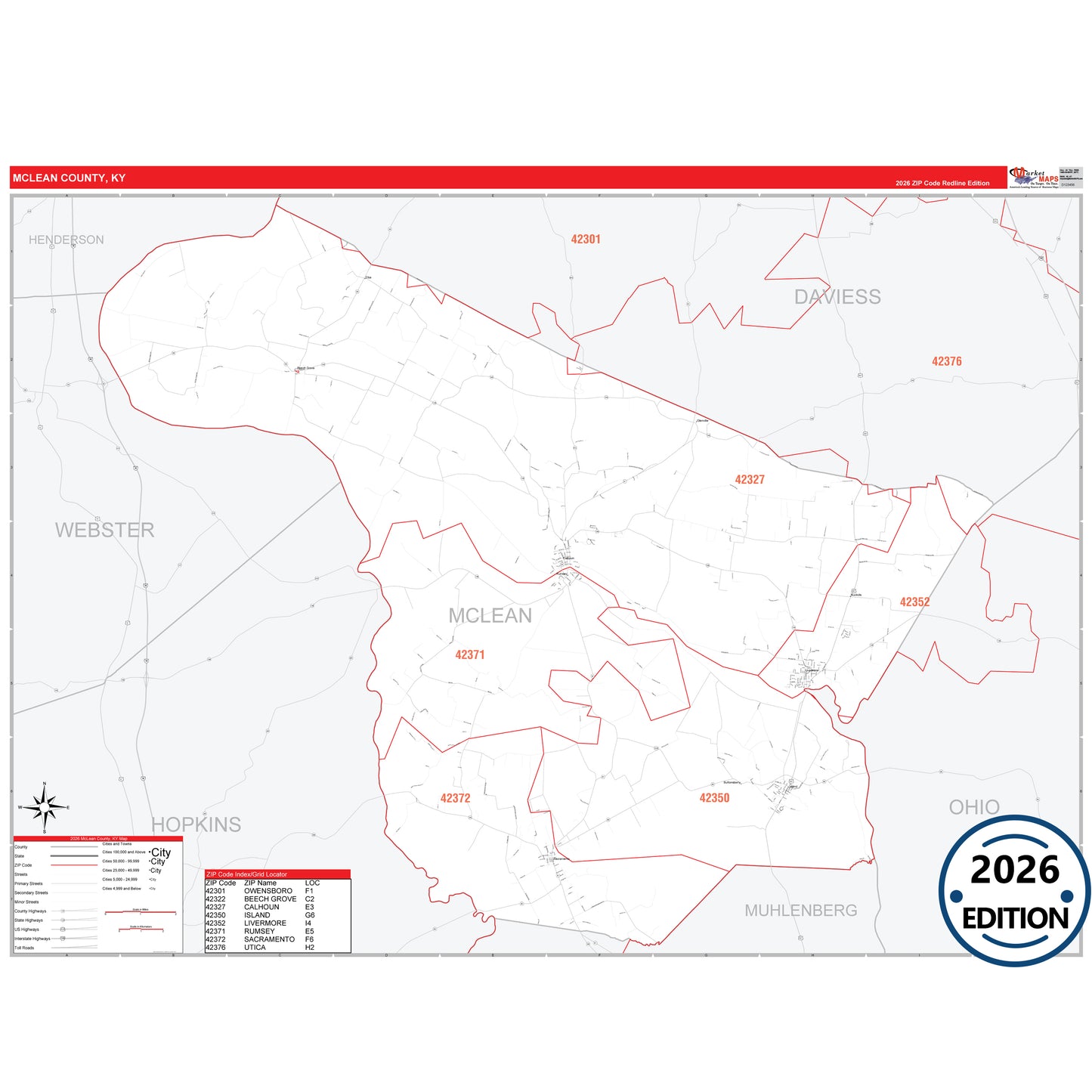 McLean County, KY Red Line 5 Digit ZIP Code Wall Map