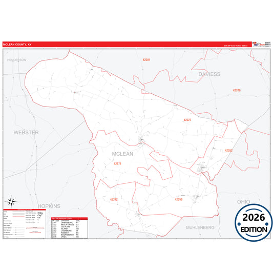 McLean County, KY Red Line 5 Digit ZIP Code Wall Map
