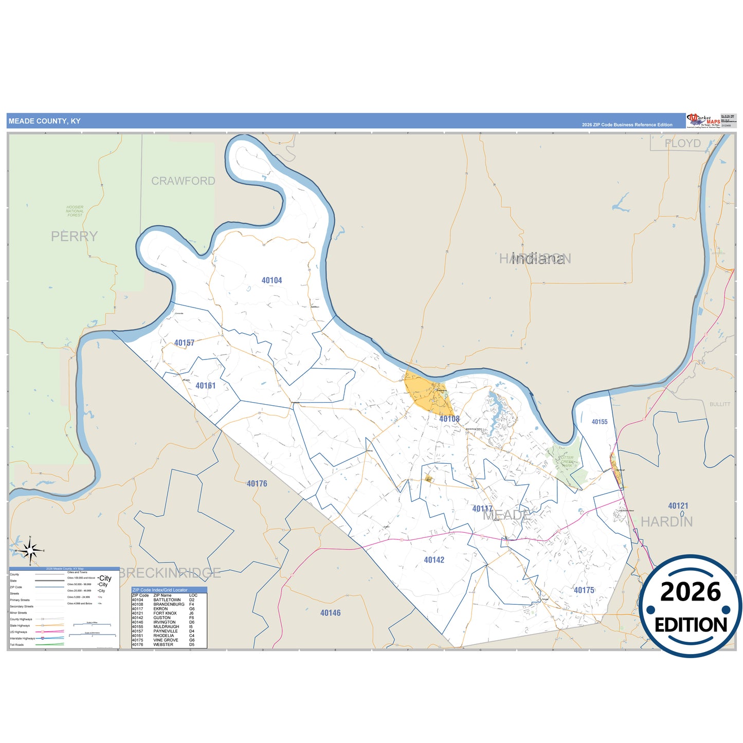 Meade County, KY Business Reference 5 Digit ZIP Code Wall Map