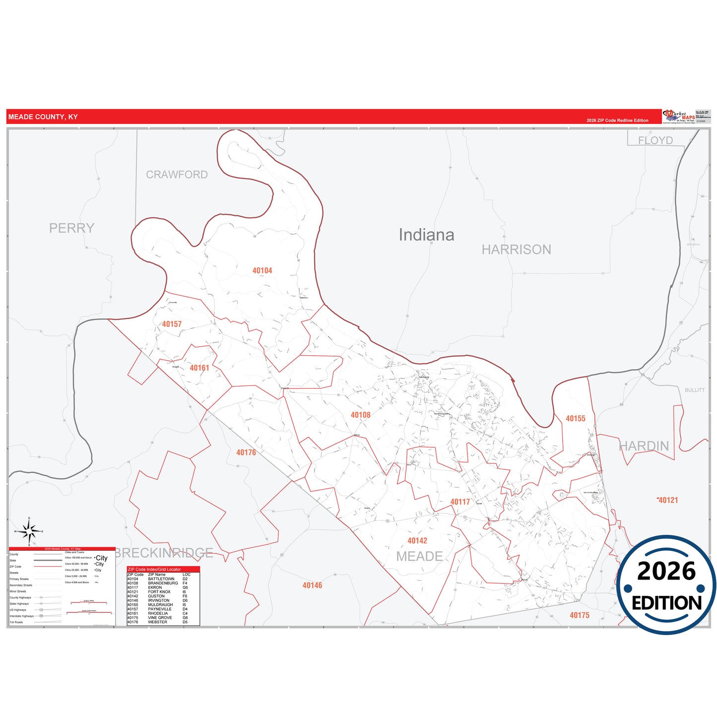Meade County, KY Red Line 5 Digit ZIP Code Wall Map