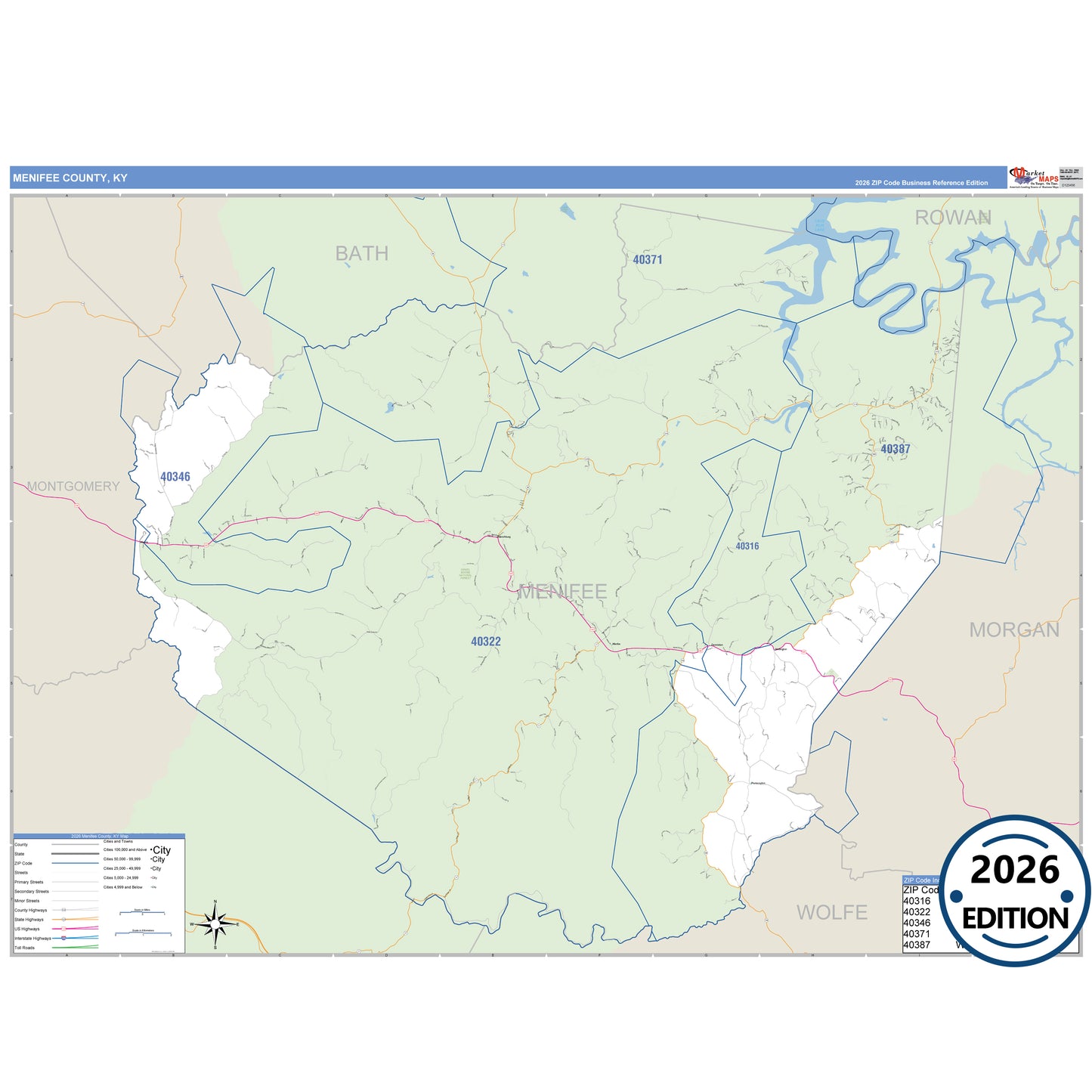 Menifee County, KY Business Reference 5 Digit ZIP Code Wall Map