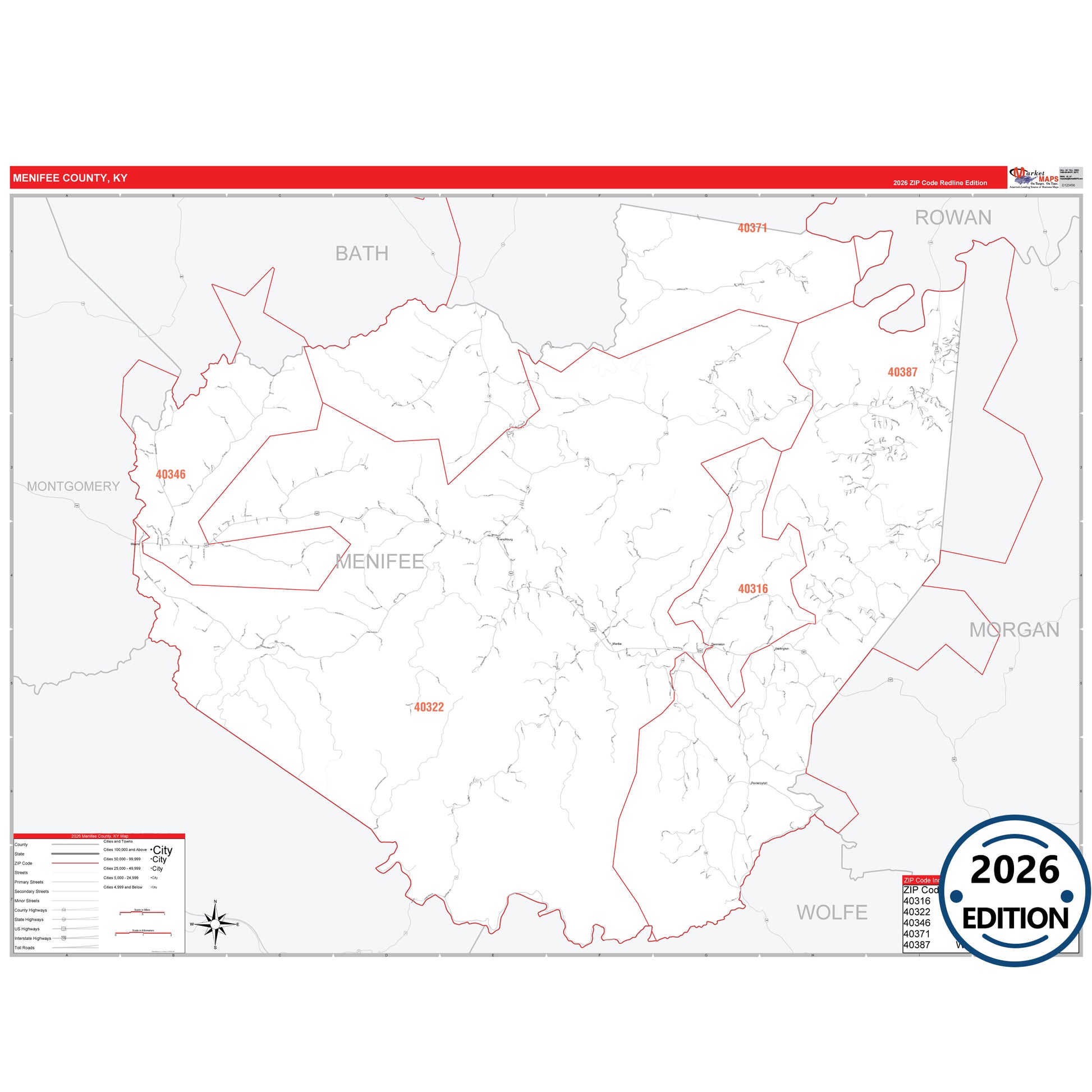 Menifee County, KY Red Line map with detailed roads, cities, and ZIP code boundaries.