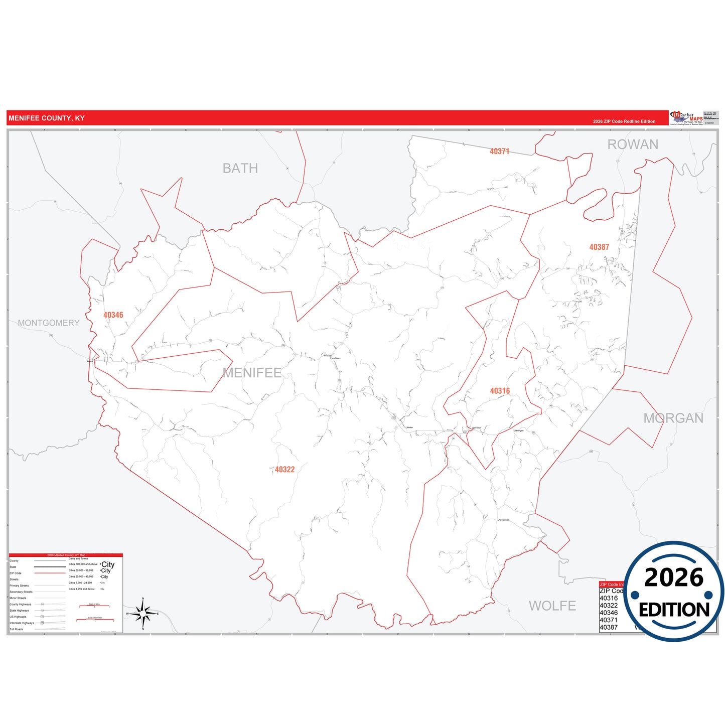 Menifee County, KY Red Line 5 Digit ZIP Code Wall Map