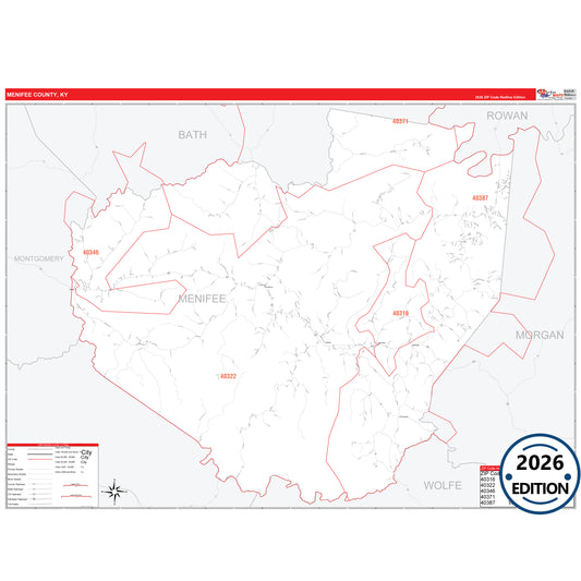 Menifee County, KY Red Line 5 Digit ZIP Code Wall Map