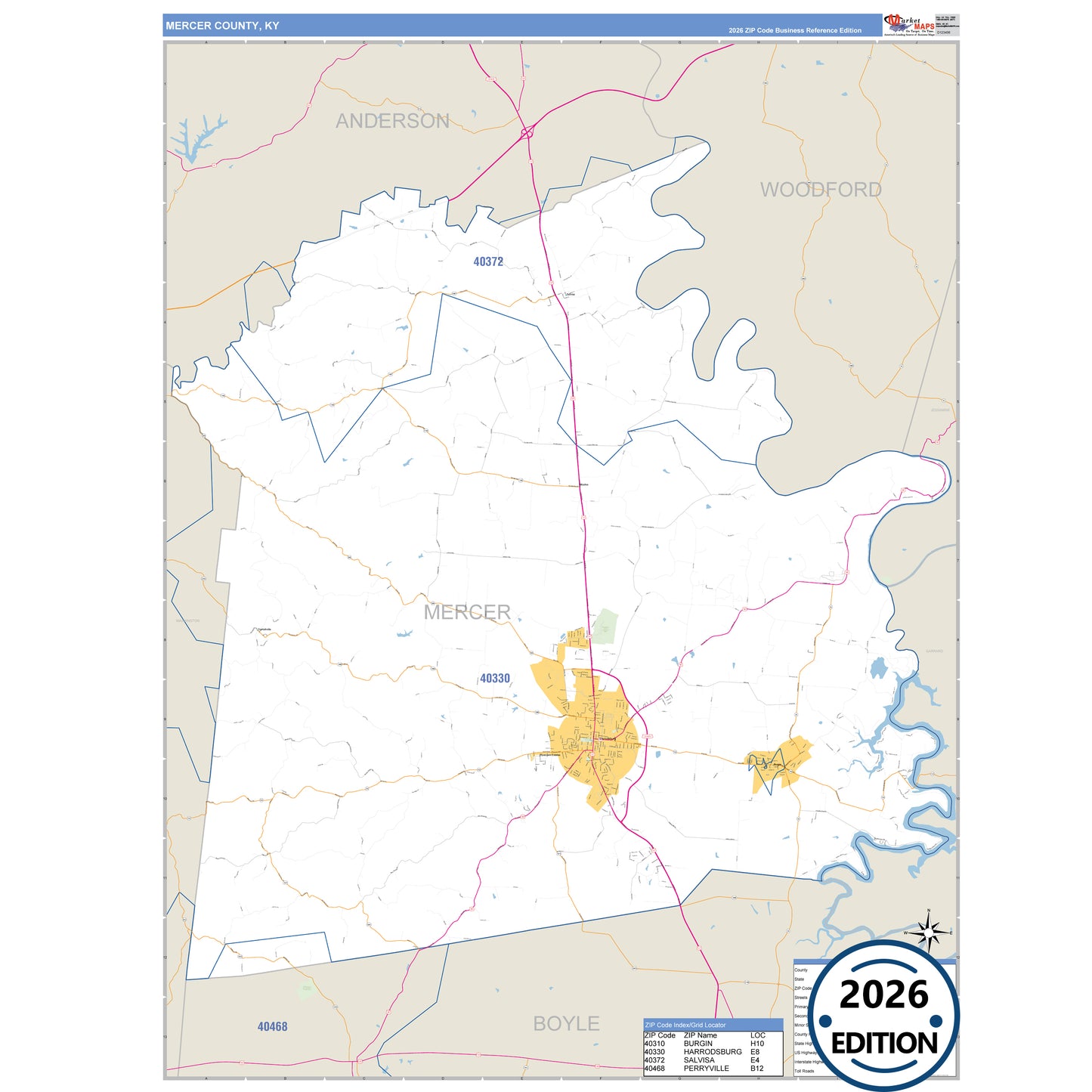 Mercer County, KY Business Reference 5 Digit ZIP Code Wall Map