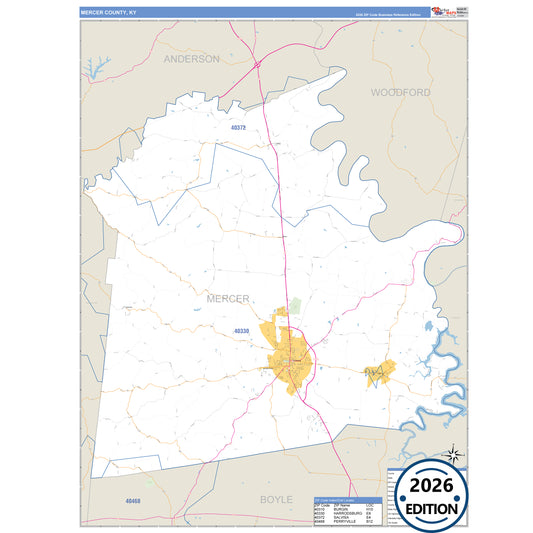 Mercer County, KY Business Reference 5 Digit ZIP Code Wall Map