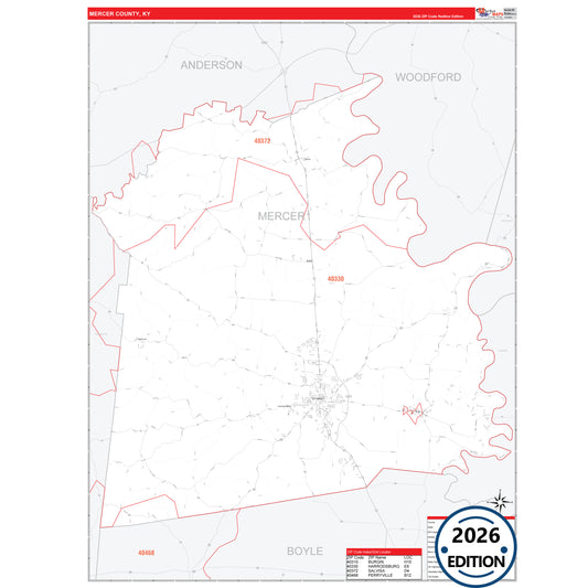 Mercer County, KY Red Line 5 Digit ZIP Code Wall Map