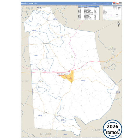 Metcalfe County, KY Business Reference 5 Digit ZIP Code Wall Map
