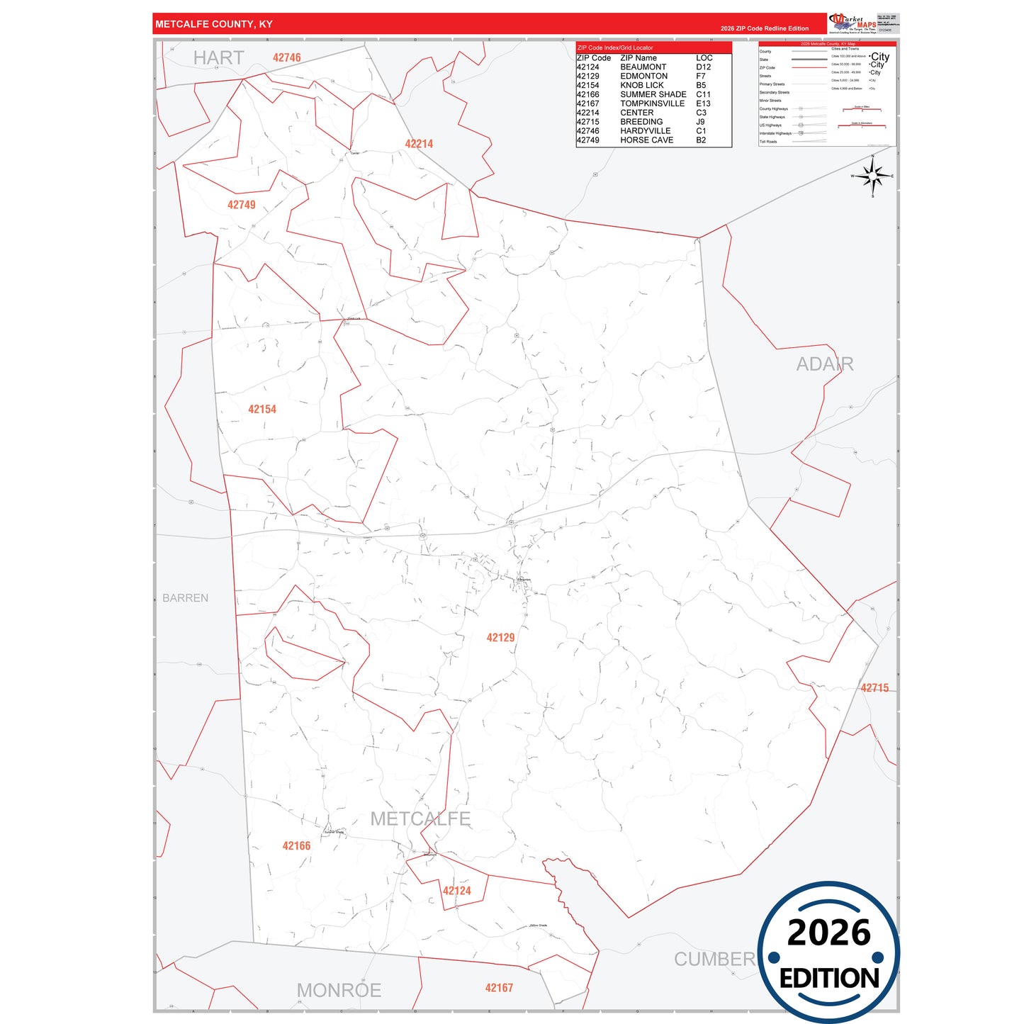 Metcalfe County, KY Red Line 5 Digit ZIP Code Wall Map