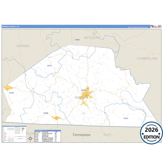 Monroe County, KY Business Reference 5 Digit ZIP Code Wall Map