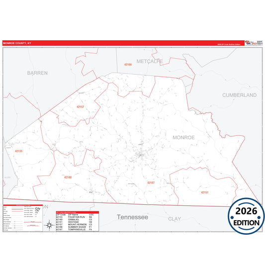 Monroe County, KY Red Line 5 Digit ZIP Code Wall Map