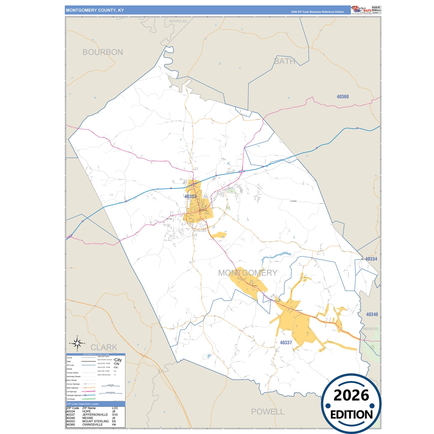 Montgomery County, KY Business Reference 5 Digit ZIP Code Wall Map