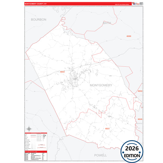 Montgomery County, KY Red Line 5 Digit ZIP Code Wall Map